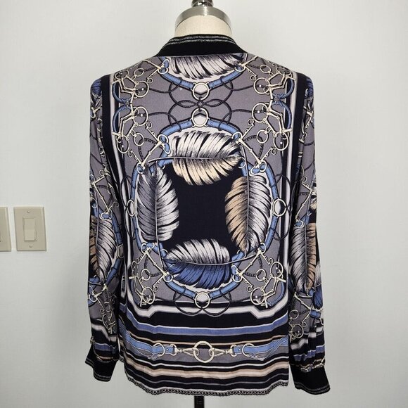 Hale Bob V-Neck Knit Top M Grey Blue Black Harness Print‎ Long Sleeve Stretch - Picture 3 of 10